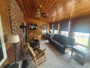 Smart TV, fireplace, video games, DVD player