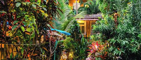 A tropical garden with a pathway leading to a building.