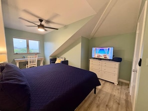 A bedroom with a bed, a desk, a chair, a television, and a ceiling fan.