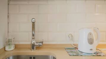 A kitchen with a stainless steel sink, a white kettle, and a bottle of dish soap on the counter.