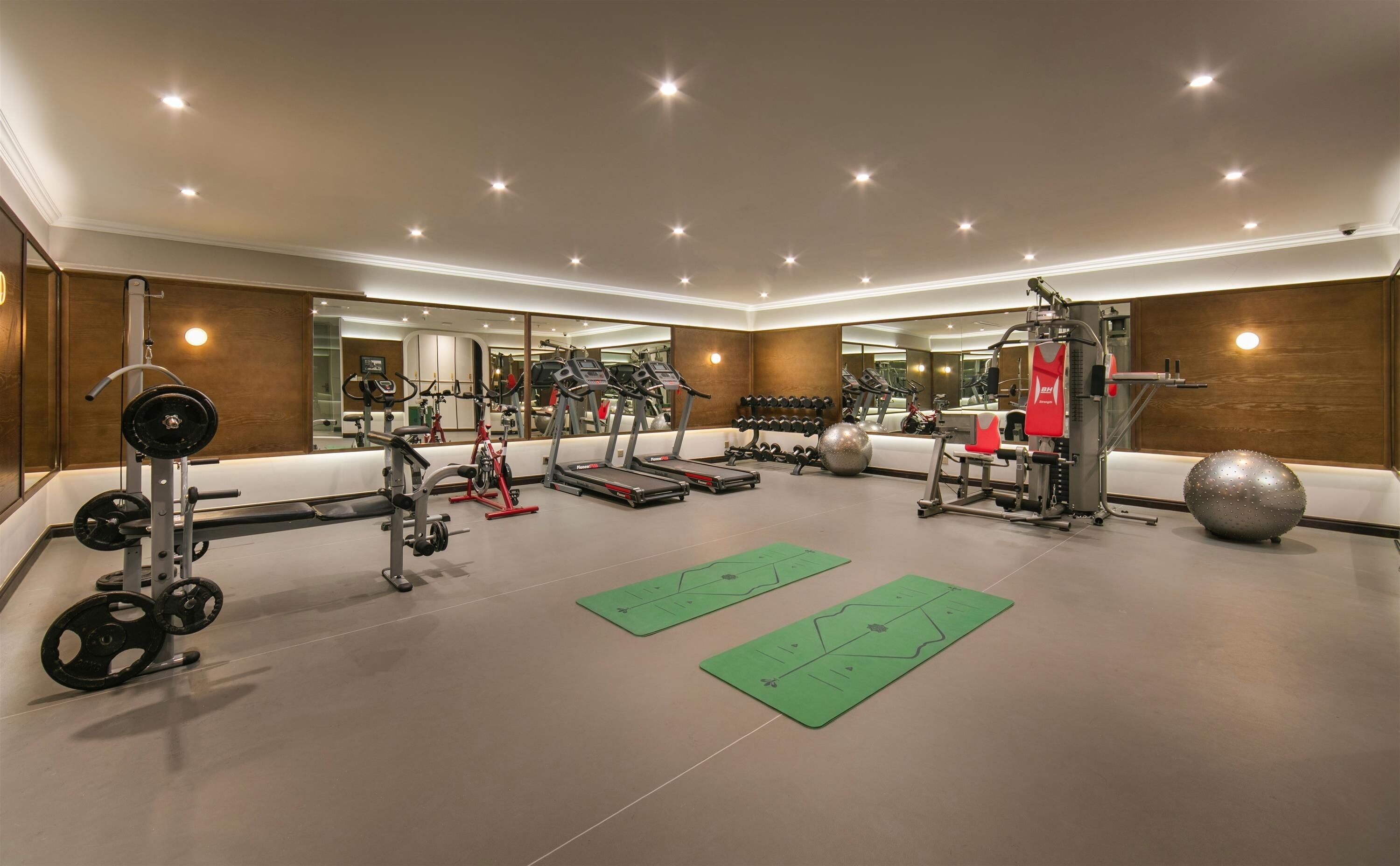 Ein gut ausgestattetes Fitnessstudio mit Cardiogeräten, Kurzhanteln und Trainingsmatten.