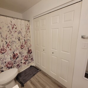 Hair dryer, towels, soap, toilet paper
