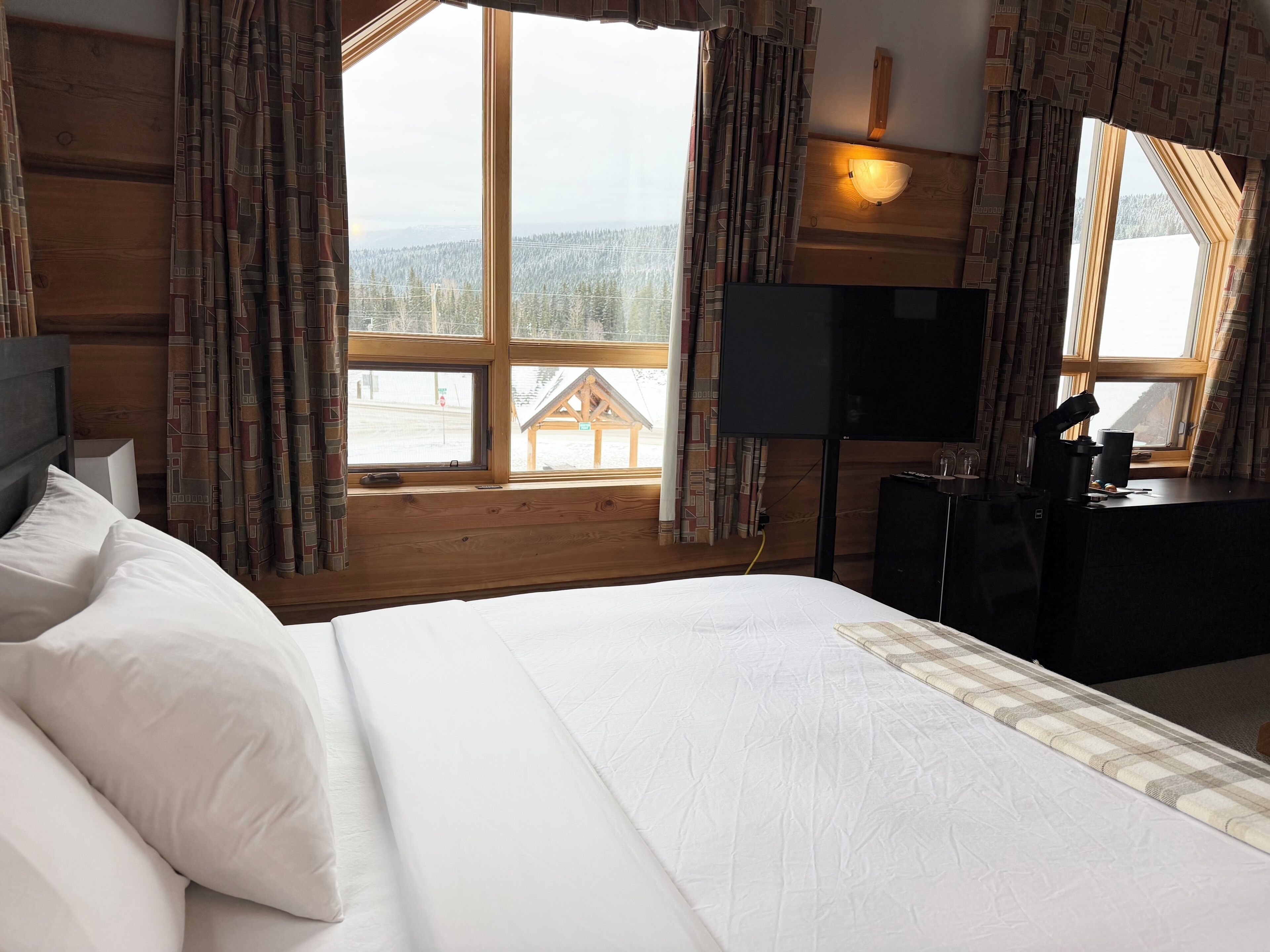 A bedroom with a large bed, wooden walls, a TV, and a view of a snowy landscape.