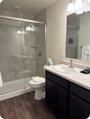 Shower, hair dryer, towels, soap