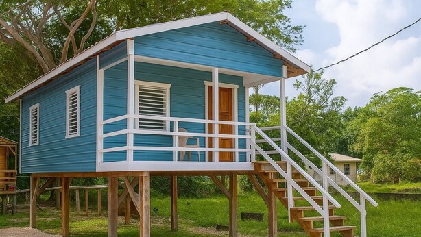Una casa azul de madera con un balcón y unas escaleras.