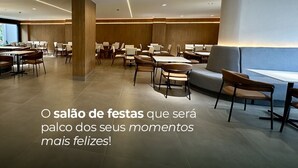 A modern restaurant interior with wooden paneling, multiple seating areas, and a logo at the top. - Breeze Residence duplex penthouse, Belém do Pará, for cop30 (Val-de-Cans Belém)