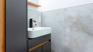 Shower, towels, toilet paper