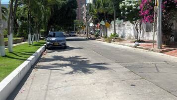 A street with palm trees, a concrete sidewalk, and a building in the background.