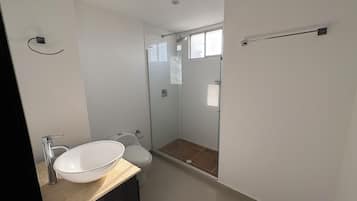 Shower, towels, soap, toilet paper