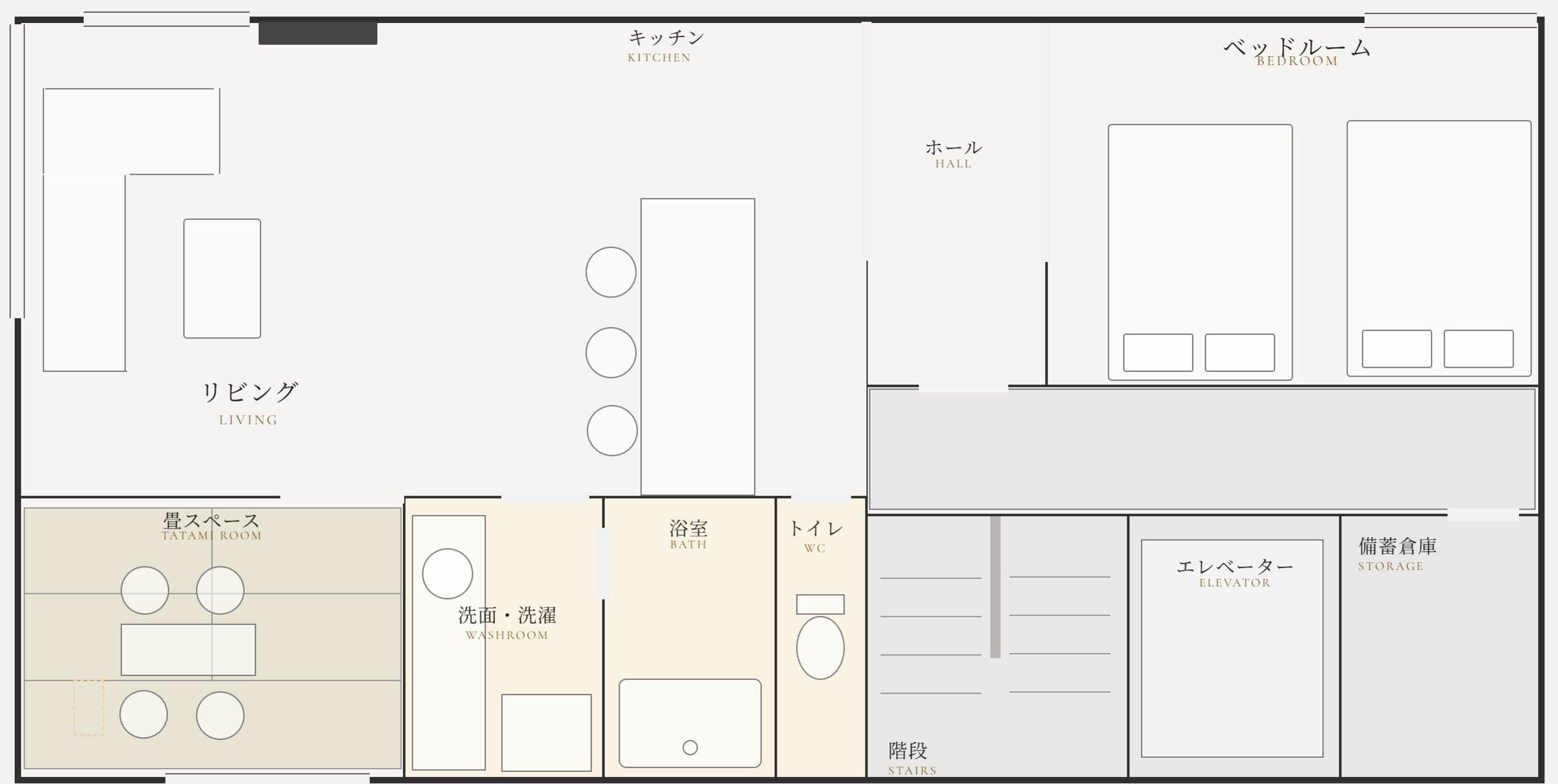 A hotel floor plan with labeled rooms including a kitchen, bedroom, living area, bathroom, and storage.