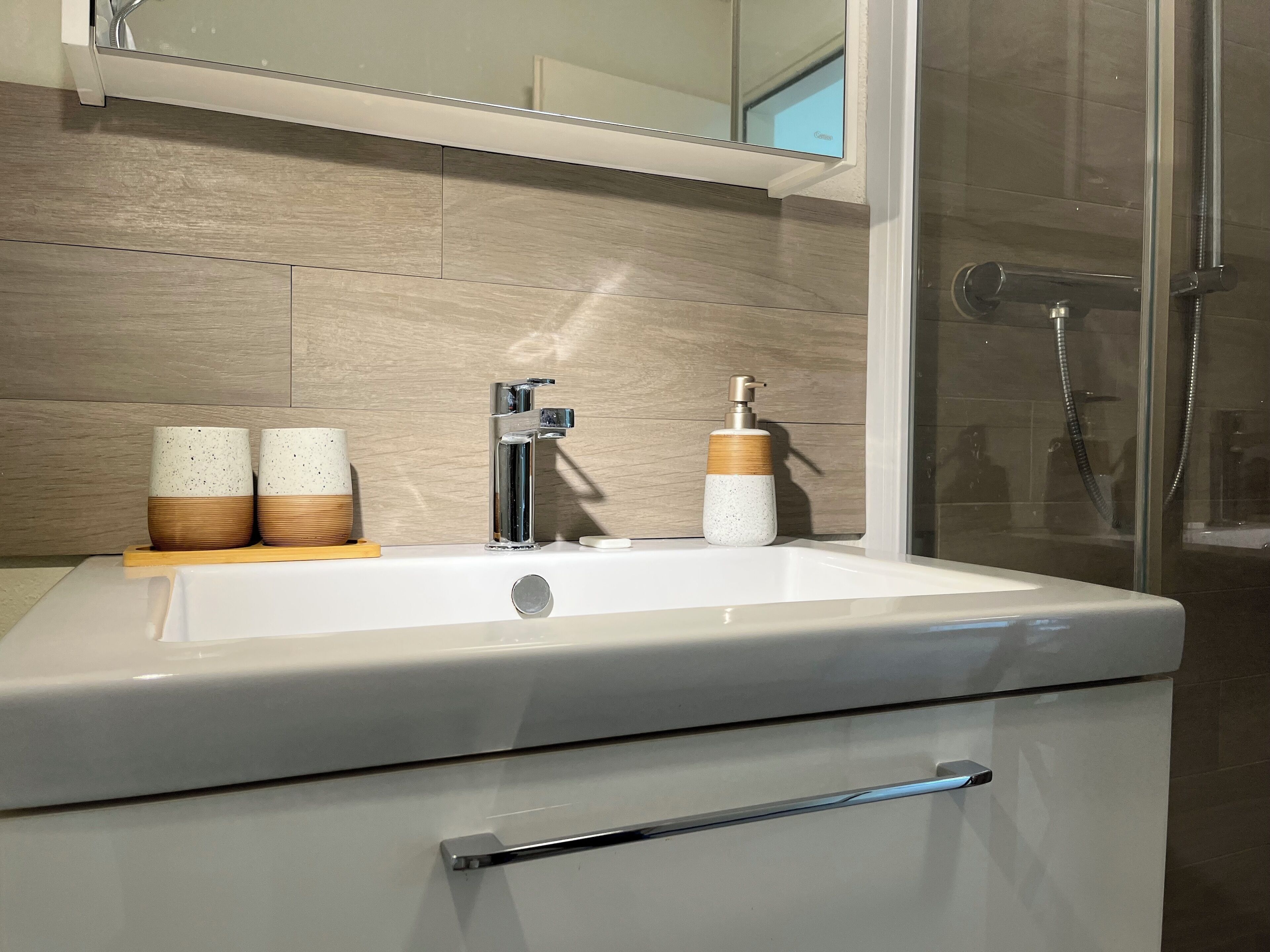 Shower, hair dryer, towels, toilet paper