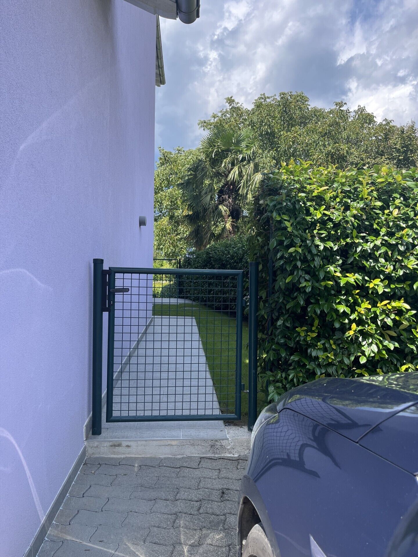 A gated entrance to a property with a paved pathway leading to a door.