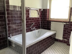 Shower, hair dryer, towels, toilet paper