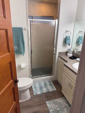 Shower, hair dryer, towels, soap