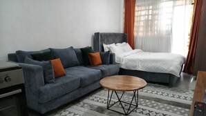 Un salon moderne avec un canapé gris, une table basse en bois, un lit et un tapis à motifs.