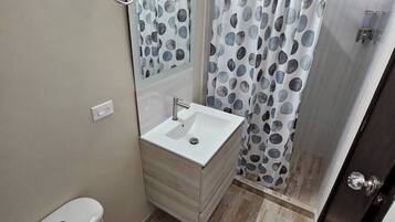 Shower, hair dryer, towels, toilet paper