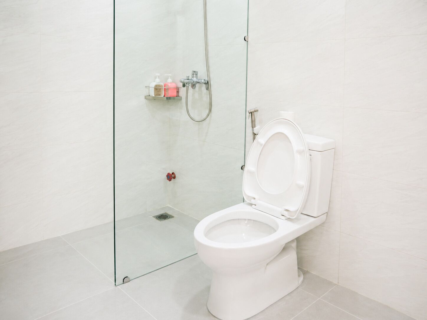 Et moderne badeværelse med et glasafskærmet brusebad, et hvidt toilet og en lille hylde med toiletartikler.
