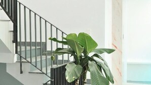 A staircase with a potted plant, white walls, and a marble floor. - M Home Saigon (Ho Chi Minh City)
