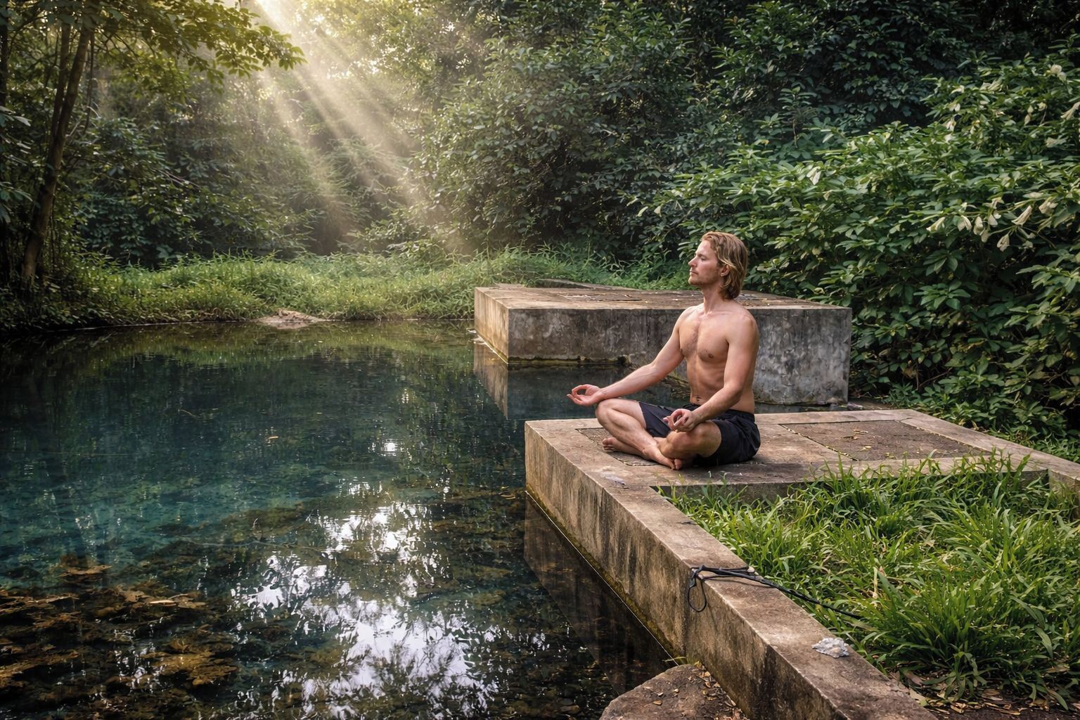 Una persona meditando sobre una plataforma de concreto junto a un cuerpo de agua cristalino rodeado de follaje.