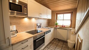 Huoneisto, useita sänkyjä, parveke, järvinäköala | Yksityinen keittiö | Jääkaappi, mikroaaltouuni, uuni, liesi