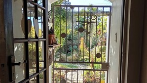 Une vue à travers une grille en métal donnant sur un jardin où l’on aperçoit des plantes en pot et un chemin dallé.