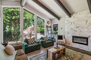 Smart TV, fireplace, books