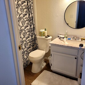 Hair dryer, towels, soap, toilet paper