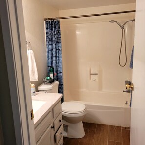 Hair dryer, towels, soap, toilet paper
