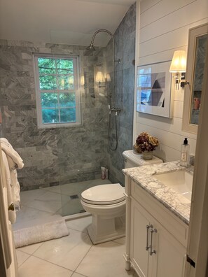 Douche, séchoir à cheveux, serviettes fournies, savon