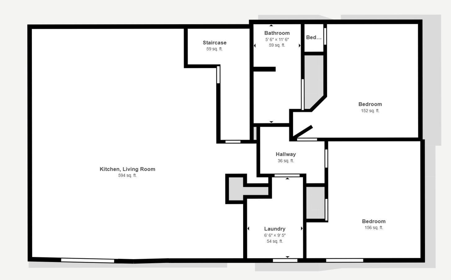 A floor plan with a kitchen, living room, staircase, bathroom, hallway, and two bedrooms.