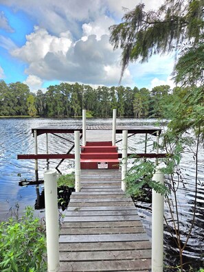 A wooden dock leading to a calm lake surrounded by trees. - Entire Waterfront Property on the Hillsborough River .Sleeps up to 14 Guests!!! (Tampa)