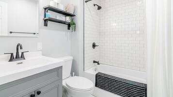 Hair dryer, towels, soap, shampoo