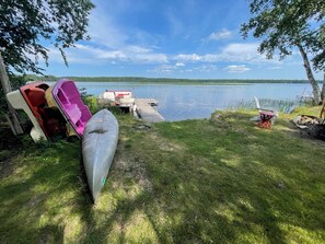 Une zone au bord du lac, avec un quai, des bateaux et une planche de surf.
