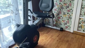 A room with a stationary bike, a chair, and a window with sheer curtains.