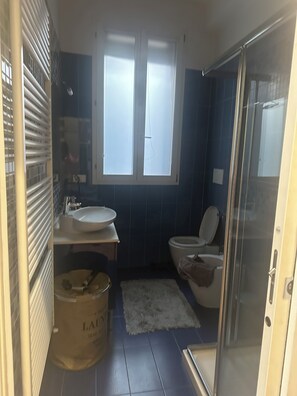 Hair dryer, towels, soap, toilet paper