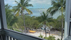 A view from a window overlooking a beach with palm trees and a clear sky. - Rare Beach Front Resort in Key West, Florida- 2 Bedroom/2 Bathroom! (Key West)