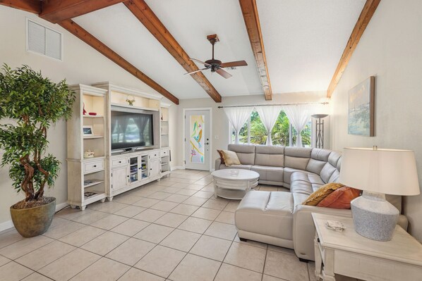 A living room with a TV, sofa, and a potted plant.