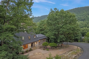 A house with a sloped roof, surrounded by dense trees and a curved driveway.