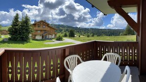 Eine Holzterrasse mit Tisch und Stühlen, mit Blick auf eine gebirgige Landschaft, im Hintergrund ein Haus.
