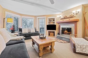 Télévision, cheminée, espaces bureaux