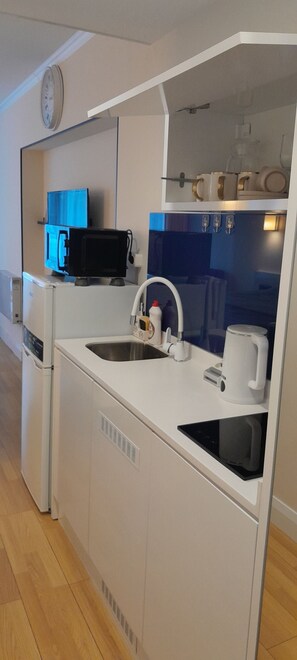 Fridge, microwave, stovetop, electric kettle