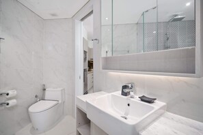 Shower, hair dryer, towels