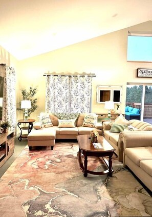 Smart TV, fireplace, books, computer monitors