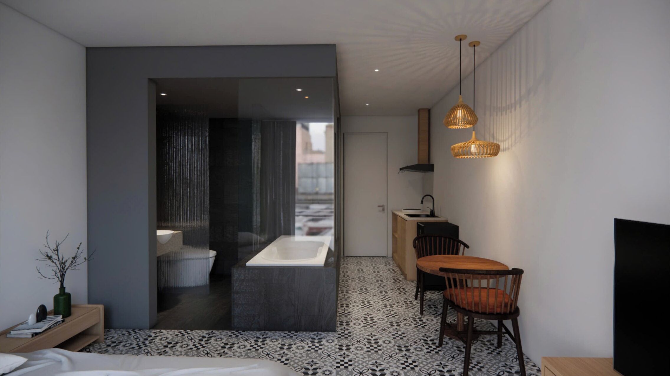 Separate tub and shower, free toiletries, hair dryer, slippers