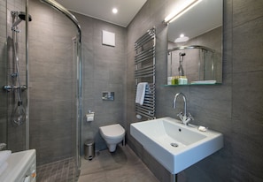 Shower, hair dryer, towels
