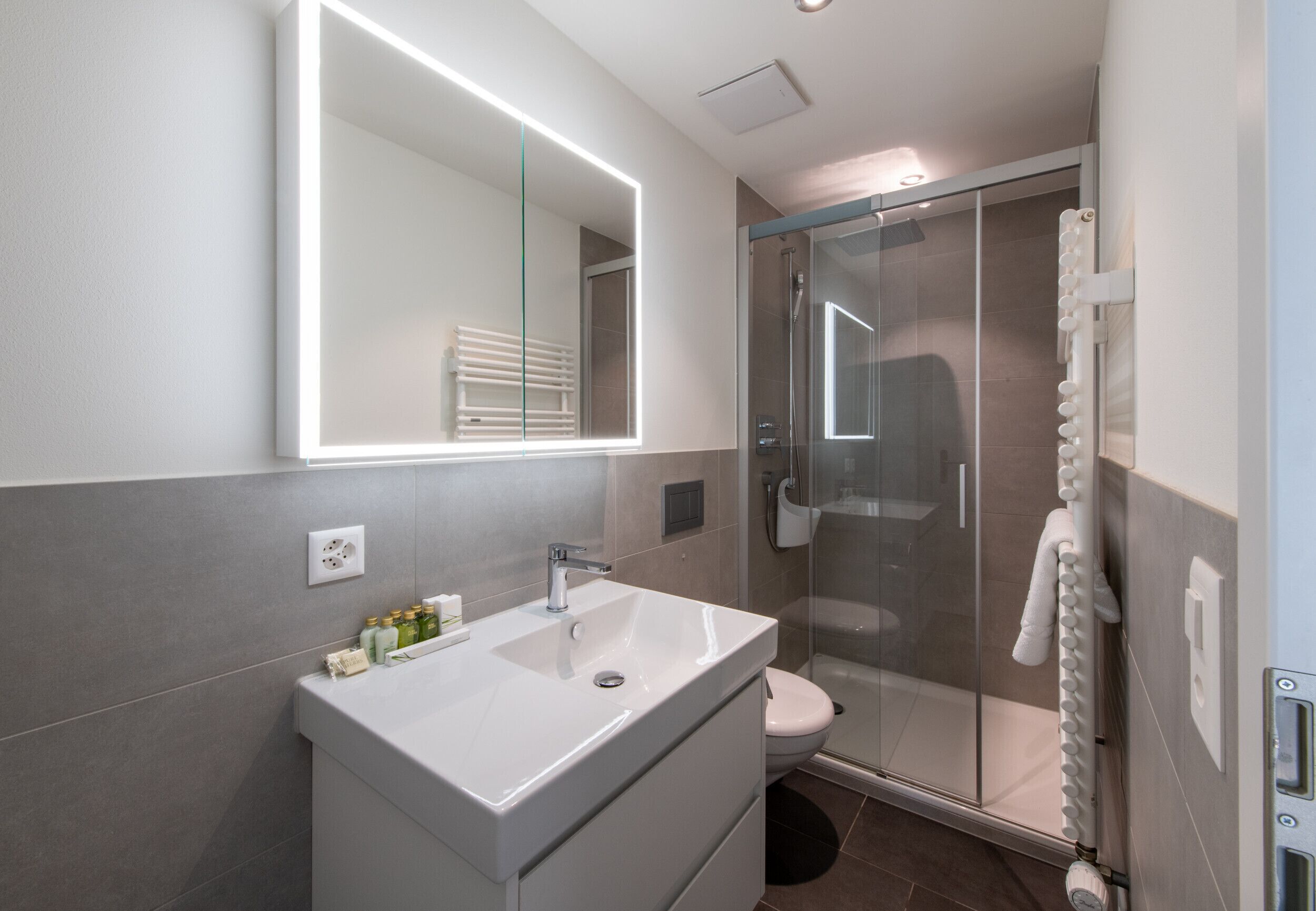 Shower, hair dryer, towels
