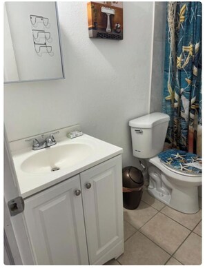 Hair dryer, towels, soap, toilet paper