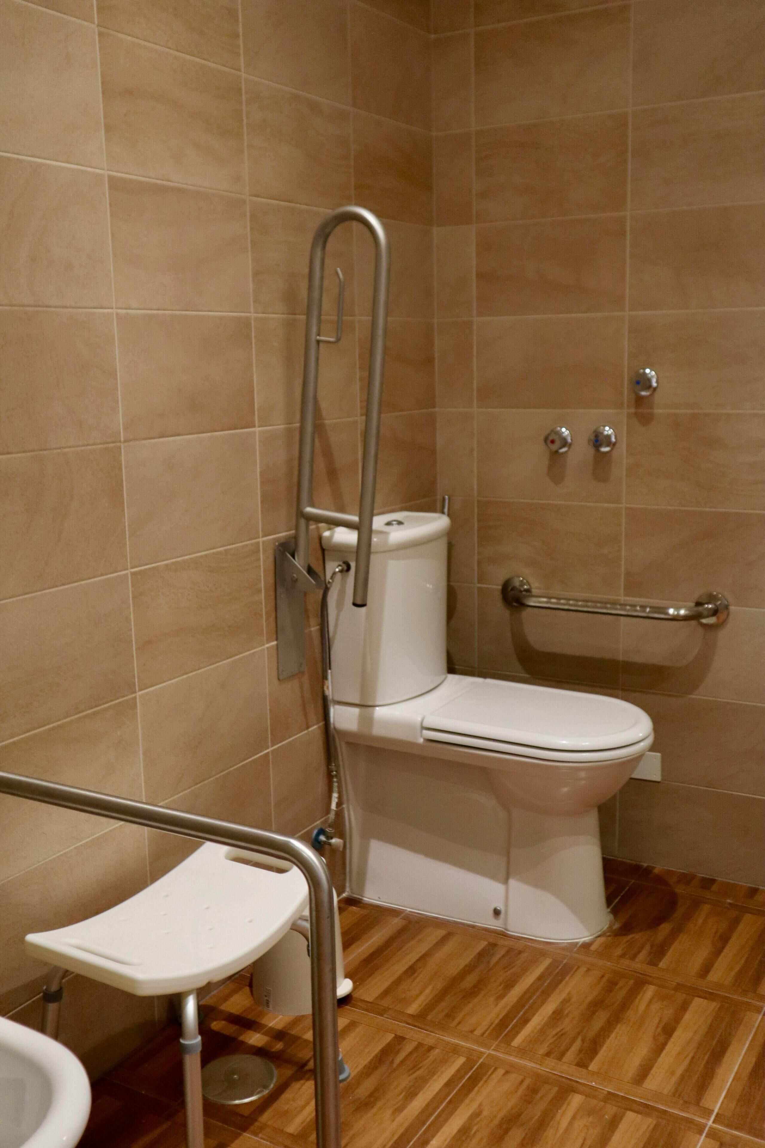 Un baño con inodoro, barras de apoyo y zona de ducha.