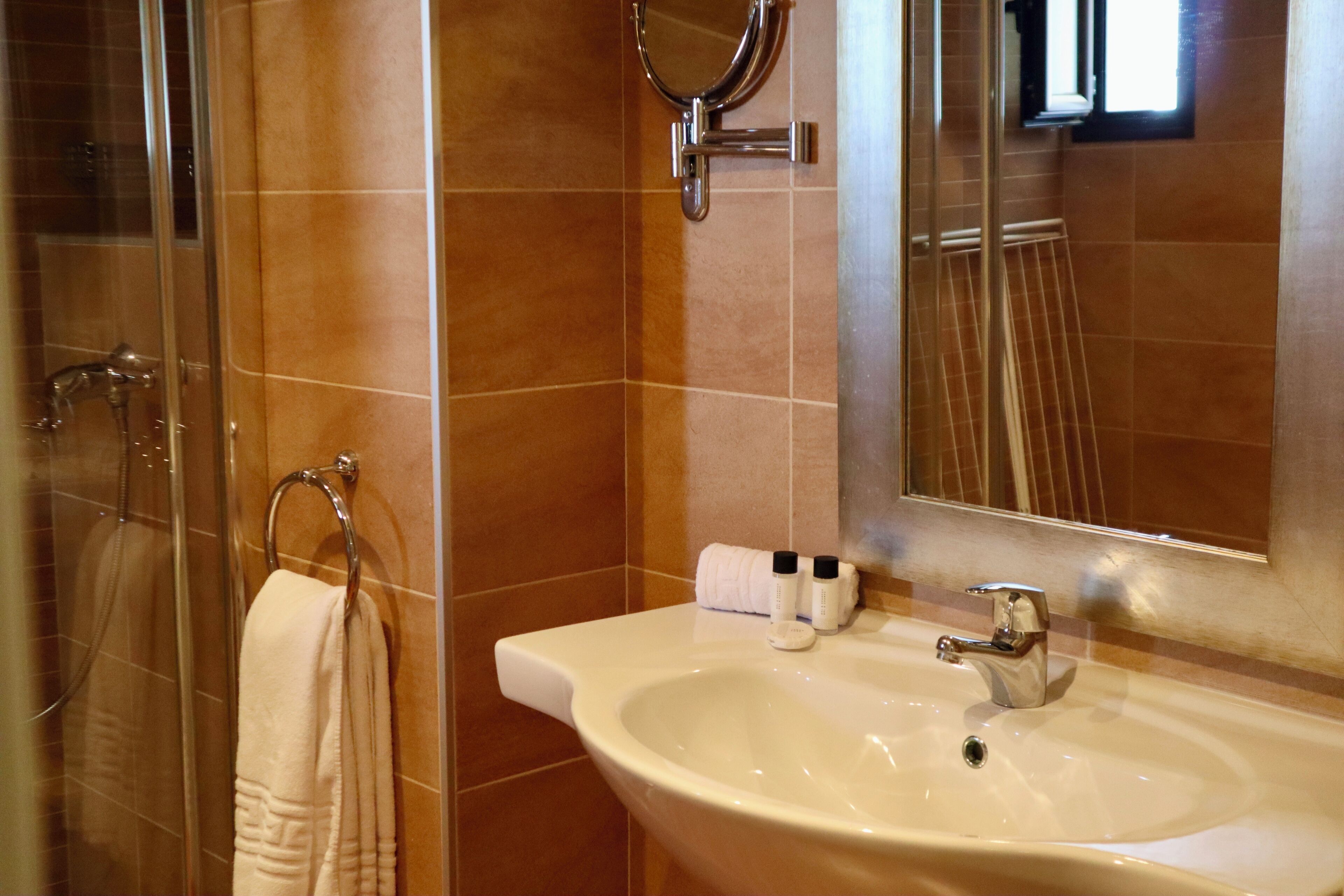 A bathroom with a glass shower enclosure, a white sink with a chrome faucet, and a mirror above the sink.