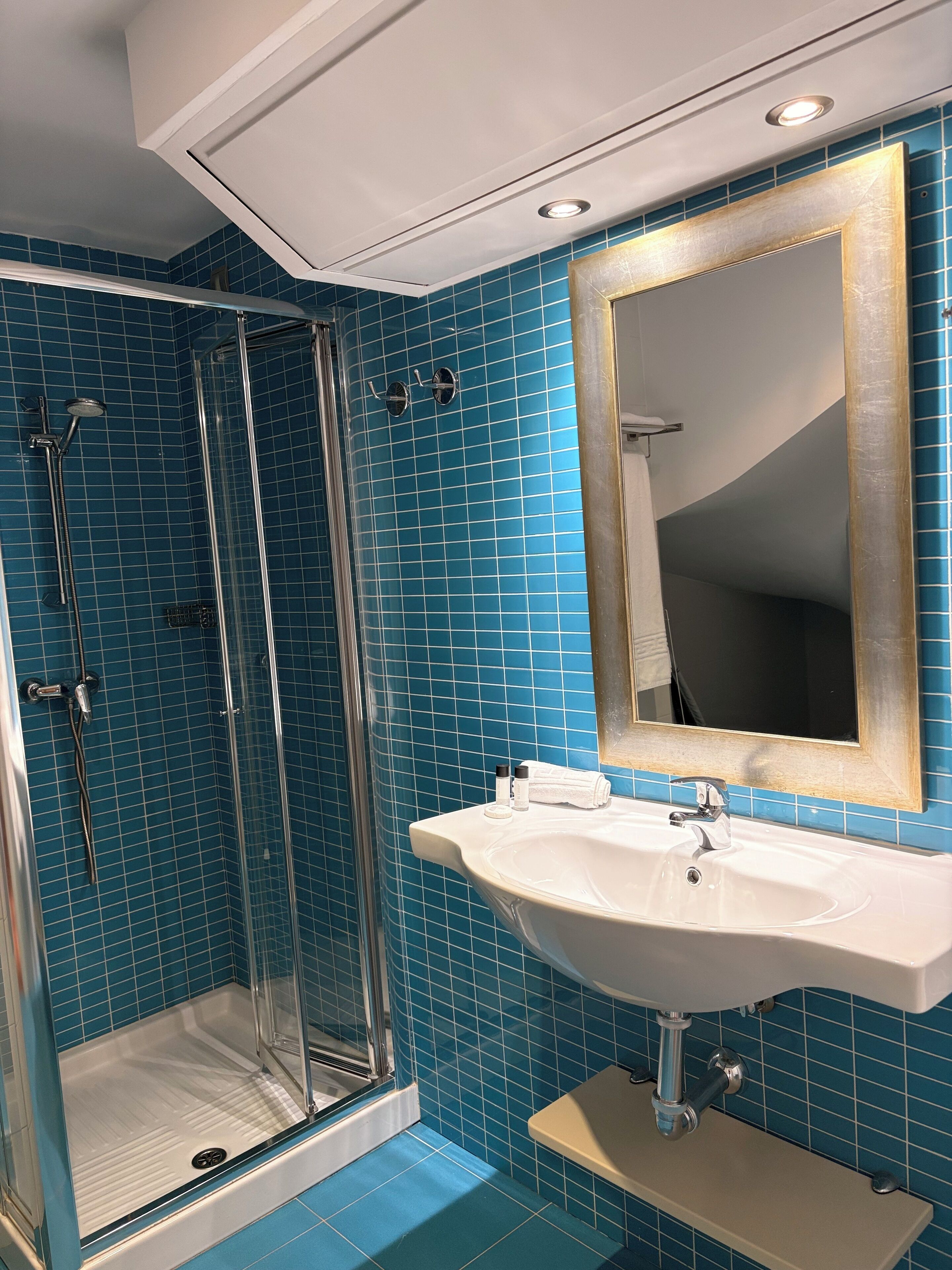 Un baño con ducha de mampara de vidrio, lavamanos blanco y espejo con marco dorado.